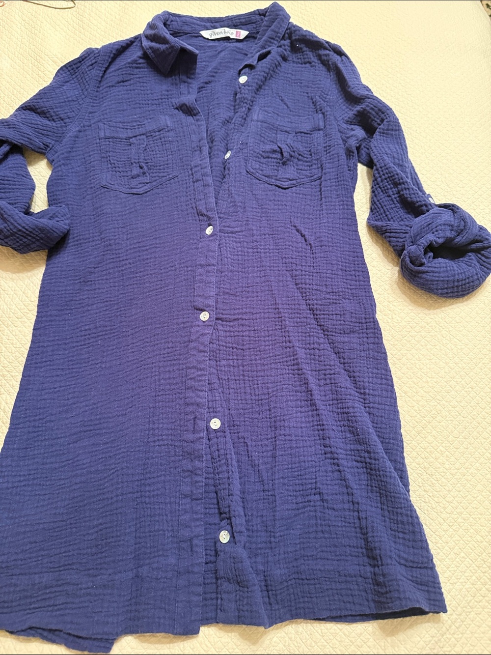 100% cotton Heart Navy Button-Front Shirt Dress